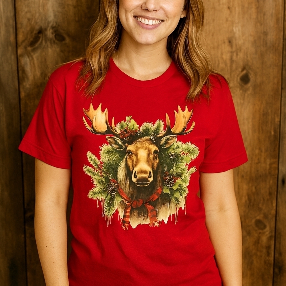 🦌 Rustic Moose Christmas Tee | Holiday Wreath Graphic | Cozy Cabin Winter Shirt